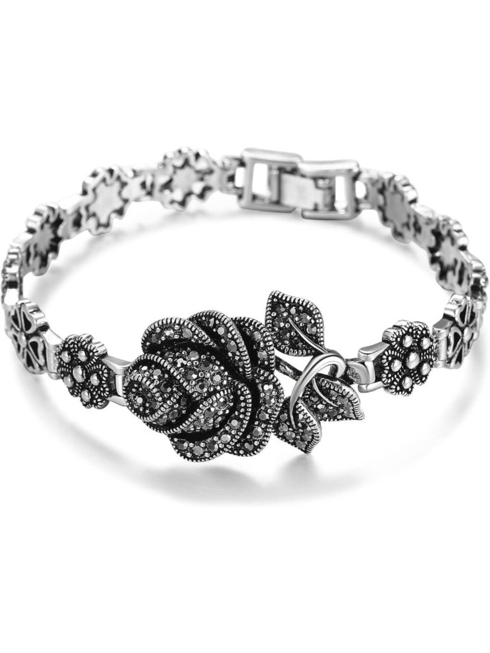 Vintage Black Onyx Chain Link Bangle Bracelet with Rose Flower Design - Gift